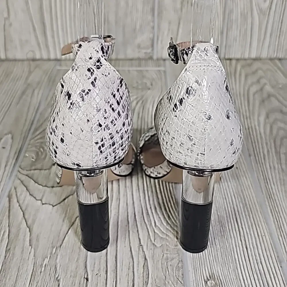 BCBGeneration Lexana Snakeprint Leather Ankle Strap Heeled Sandals Womens 5 NEW